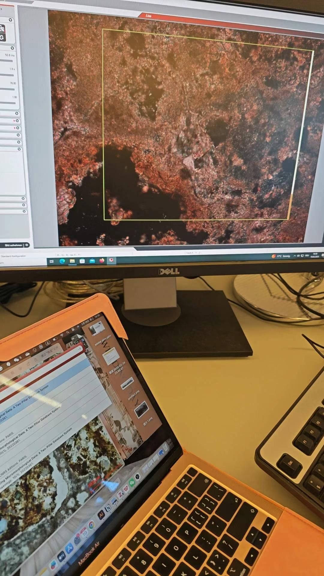 Live microscope view of Dark Earth thin section on monitor