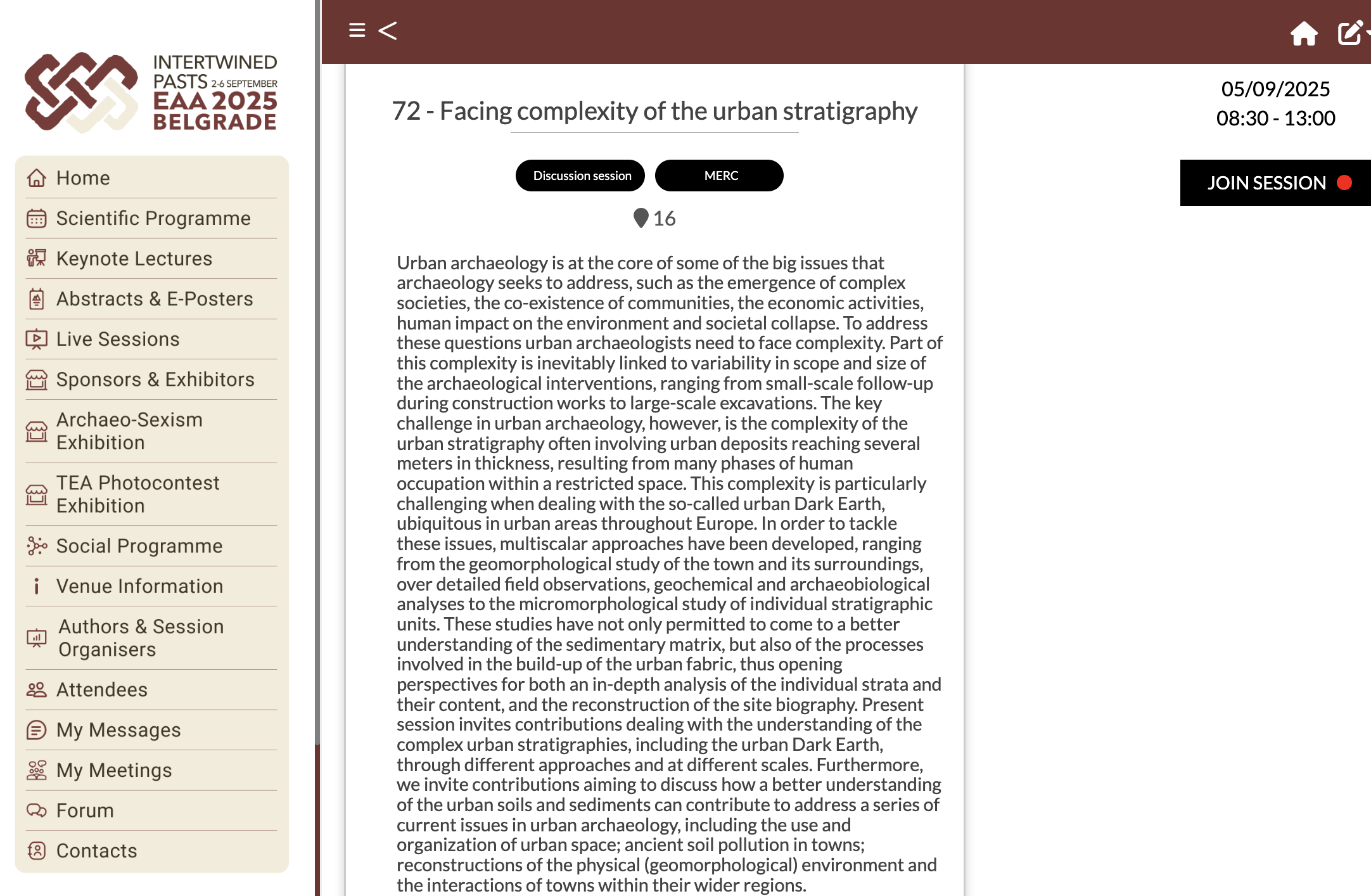 EAA 2025 session page showing description and join button